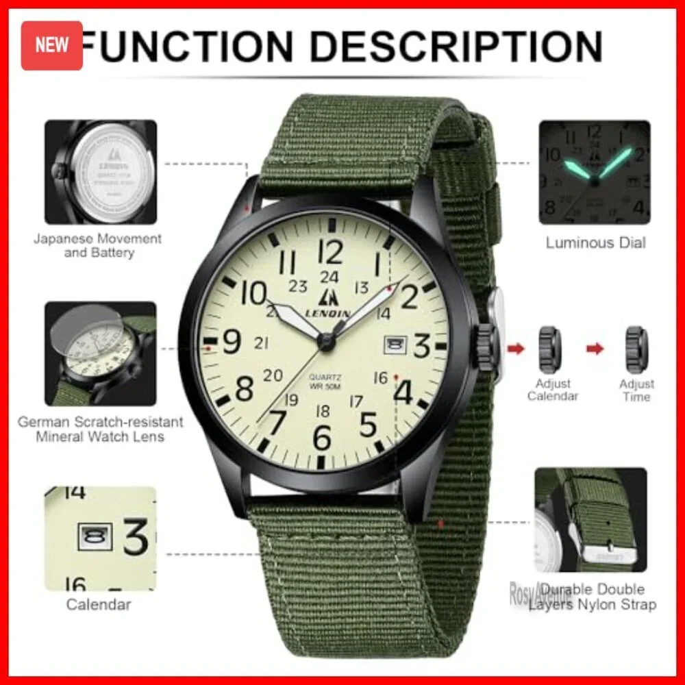Men's Military Analog Watch, Nylon Strap, Waterproof, Luminous Dial, 42mm